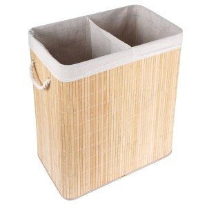 Coș de rufe din bambus bej, 90 l, Compartiment dublu