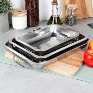 Set 3 Tavă de copt dreptunghiulară din oțel-inox, 35,5 x 26,5 x 4,8 cm. Inox Line