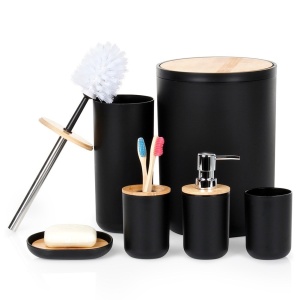 Set accesorii baie negru + Bambus 6 buc,dozator de săpun, săpunieră, 2 căni, perie de toaletă și coș de gunoi, Black Line