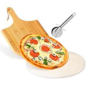 Set Pizza 3 in1, piatra ceramica + Lopatica din lemn + Rola cutit Inox, Chamotte Edition - Img 3