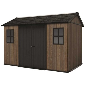 Casuta de gradina, Keter, maro nuc, 350x230x246 cm, colectie Apex 7.5x11/11x7.5, cu doua optiuni de asamblare, usa dubla, ferestre, ventilatie