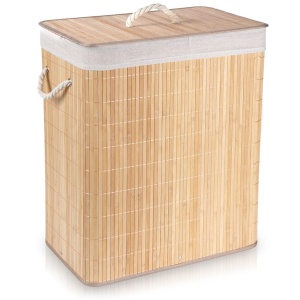 Coș de rufe din bambus bej, 90 l, Compartiment dublu