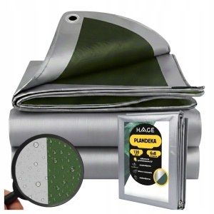 Prelată groasă și impermeabilă 6x8 m (120 g/m²) – protecție uv și ranforsări metalice (gri/argintiu/verde), HAGE