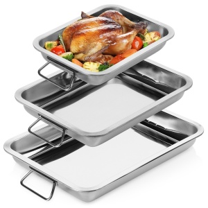 Set 3 Tavă de copt dreptunghiulară din oțel-inox, 35,5 x 26,5 x 4,8 cm. Inox Line