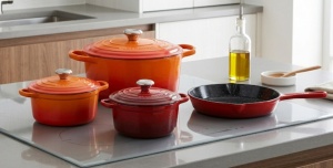 Set 4 vase din fontă emailată : Oala 2.2 l , 2.8 l, 5 l, și Tigaie 25cm, Oranje-Red 4