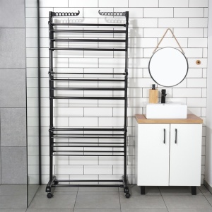 Suport de uscare rufe vertical metalic negru pe roți 125x170 cm, 25KG Incarcare, Black Line