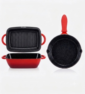 Set Tava Fonta Emailata 2 in 1 cu Grill 5L + Tigaie Fonta Emailata 25Cm, Red-Black Edition