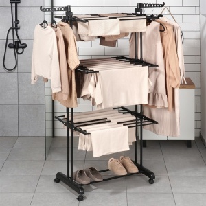 Suport de uscare rufe vertical metalic negru pe roți 125x170 cm, 25KG Incarcare, Black Line