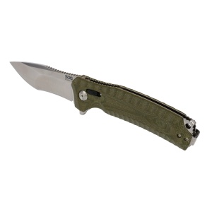 Cutit pliabil SOG Hidaka XR 3V Satin 12-27-09-57, lama Modified Tanto CPM 3V Satin, XR Lock, deschidere Flipper, maner Micarta Verde, EDC Outdoor