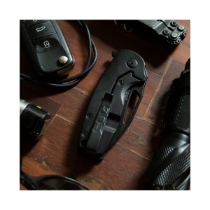 Cutit pliabil SOG Stout FLK Blackout 14-03-02-57, lama Clip Point CRYO D2 Black TiNi, Frame Lock, deschidere Flipper, maner G10 Black, EDC - Img 8