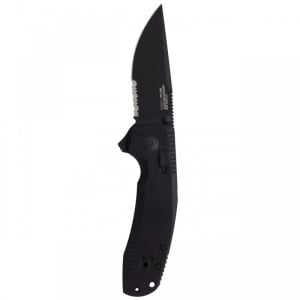 Cutit pliabil SOG-TAC XR Blackout Serrated 12-38-03-41, lama Clip Point CRYO D2 Black TiNi Partial Serrated, XR Lock, Flipper, Thumb Stud, maner G10 Black, EDC Tactical - Img 4