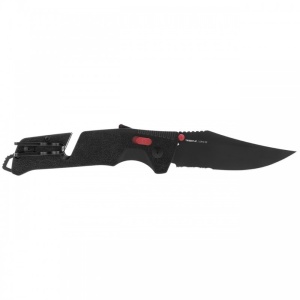 Cutit pliabil SOG Trident AT Black Serrated 11-12-02-41, lama Drop Point partial zimtata CRYO D2 Black TiNi, deschidere asistata S.A.T., AT-XR Lock, taietor de centura, spargator de geam, maner GRN Black