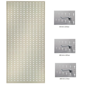 Panou perforat vertical de 500x1000 mm alb cu set de 25 carlige metalice