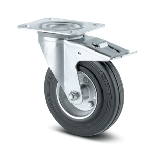 Roata pivotanta, din otel + cauciuc, cu frana, cu placa, 200 mm, 205 kg
