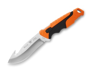 Cutit de vanatoare Buck 657 Pursuit Large Guthook 0657ORG-B, lama 11.4 cm, otel 420HC, maner cauciuc portocaliu, teaca inclusa