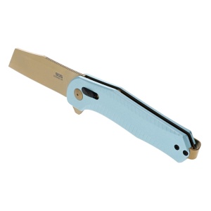 Cutit pliabil SOG Diverge XR Sheepsfoot Light Blue Gold 12-02-02-43, lama Sheepsfoot D2 Stonewashed Gold, XR Lock, deschidere Flipper, maner GRN Light Blue & Gold, EDC Outdoor