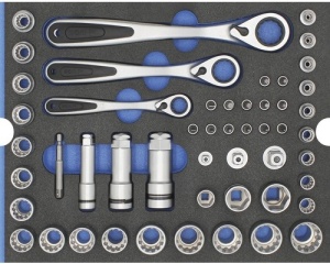 Set chei tubulare si chei inelare cu clichet, 51 piese, insertie pentru sertar