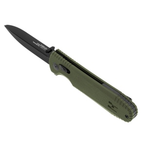 Cutit pliabil SOG Pentagon XR OD Green 12-61-02-57, lama Spear Point CTS XHP Black TiNi, XR Lock, Flipper, maner G10 OD Green, EDC Tactical