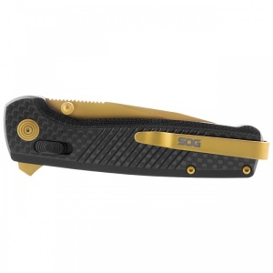 Cutit pliabil SOG Terminus XR LTE Gold TM1033-BX, lama Drop Point CPM S35VN TiNi Gold, XR Lock, Flipper, maner Carbon Fiber, EDC Premium - Img 6