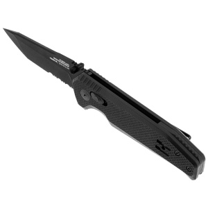 Cutit pliabil SOG Vision XR Serrated 12-57-02-57, lama Tanto CTS XHP Black TiNi Partial Serrated, XR Lock, Thumb Hole, maner G10 Black, EDC Tactical