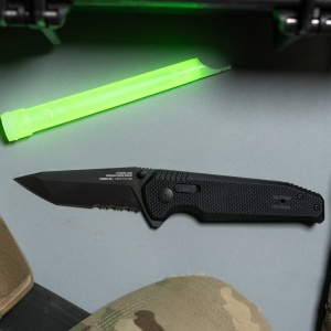 Cutit pliabil SOG Vision XR Serrated 12-57-02-57, lama Tanto CTS XHP Black TiNi Partial Serrated, XR Lock, Thumb Hole, maner G10 Black, EDC Tactical - Img 10