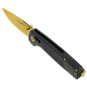 Cutit pliabil SOG Terminus XR LTE Gold TM1033-BX, lama Drop Point CPM S35VN TiNi Gold, XR Lock, Flipper, maner Carbon Fiber, EDC Premium