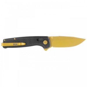 Cutit pliabil SOG Terminus XR LTE Gold TM1033-BX, lama Drop Point CPM S35VN TiNi Gold, XR Lock, Flipper, maner Carbon Fiber, EDC Premium - Img 4