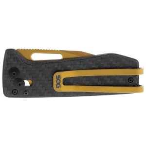 Cutit pliabil SOG Ultra XR Gold 12-63-02-57, lama Clip Point CPM S35VN TiNi Gold, XR Lock, Thumb Stud, maner Carbon Fiber, EDC Ultra Lightweight - Img 7