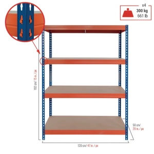 Raft metalic depozitare, 192 x 120 x 50 cm,4 polite, 300 kg/polita - Img 2