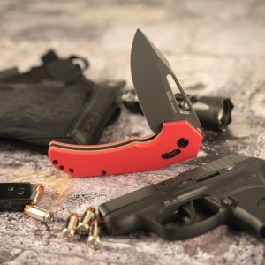 Cutit pliabil SOG Prohen XR Red Gray 12-25-02-57, lama Drop Point CRYO D2 Stonewashed, XR Lock, deschidere Flipper, maner G10 Red & Gray, EDC Tactical - Img 7