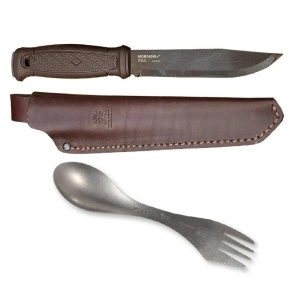 Pachet promotional Cutit Full-Tang Morakniv Garberg GRAND Carbon cu teaca de piele si Spork Titanium, Light My Fire pentru Bushcraft si Outdoor