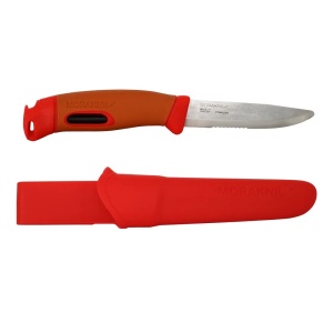 Cutit de supravietuire Morakniv Companion Spark Emergency S Hi-Vis Red, otel inoxidabil 12C27, lama partial zimtata, amnar integrat, varf bont