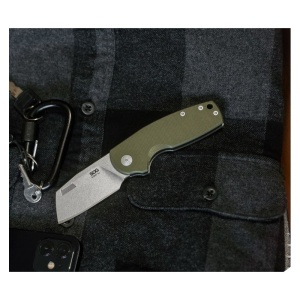 Cutit pliabil SOG Stout FLK Cleaver OD Stonewash 16-03-06-57, lama Cleaver CRYO D2 Stonewashed, Frame Lock, deschidere Flipper, maner G10 Olive Drab, EDC - Img 11