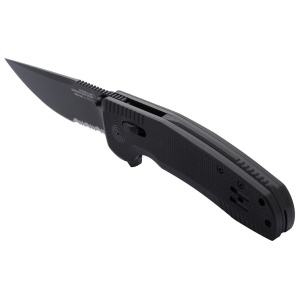 Cutit pliabil SOG-TAC XR Blackout Serrated 12-38-03-41, lama Clip Point CRYO D2 Black TiNi Partial Serrated, XR Lock, Flipper, Thumb Stud, maner G10 Black, EDC Tactical