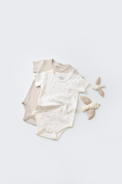 Set 2 body-uri bebe unisex -100% bumbac organic - Ecru cu buline, BabyCosy