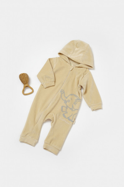 Salopeta Elefant cu maneca lunga si gluga din 80%bumbac organic si 20% poliester - Stone, BabyCosy