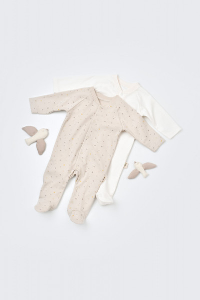 Set 2 salopetele cu maneca lunga si pantaloni lungi cu botosei - 100%bumbac organic - Crem cu buline, BabyCosy