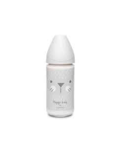 Biberon din sticlă 240 ml cu tetină rotundă din silicon, 3 fluxuri, pisică gri Hygge Suavinex - Img 2