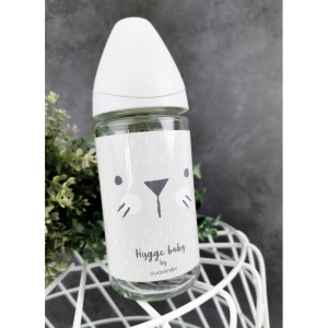 Biberon din sticlă 240 ml cu tetină rotundă din silicon, 3 fluxuri, pisică gri Hygge Suavinex - Img 3