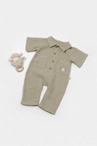 Salopeta cu maneca scurta si nasturei Sheep, 100% bumbac - Verde, BabyCosy