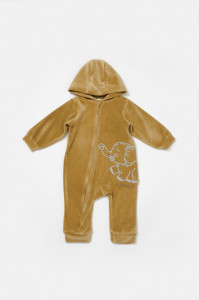 Salopeta Elefant cu maneca lunga si gluga din 80%bumbac organic si 20% poliester - Mustar, BabyCosy