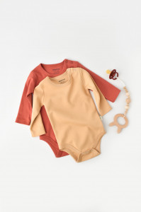 Set 2 body-uri cu maneca lunga bebe unisex -100% bumbac organic - Mustar/Scortisoara, BabyCosy - Img 1