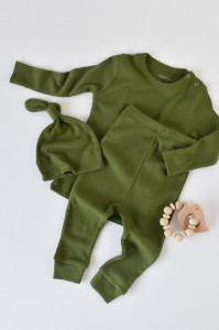 Set 3 piese: bluzita cu maneca lunga, pantaloni lungi si caciulita din bumbac organic si modal - Verde, BabyCosy - Img 2