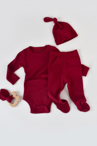 Set 3 piese: body cu maneca lunga, pantaloni lungi cu botosei si caciulita din bumbac organic si modal - Rosu, BabyCosy - Img 3