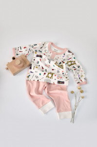 Set bluzita cu maneca lunga si nasturei si panataloni lungi, 100% bumbac organic, BabyCosy, Pudra