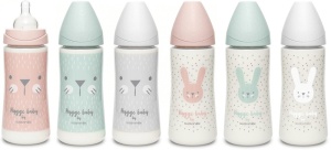 Biberon 360 ml cu tetină rotundă din silicon, debit dens, iepuraș roz Hygge Suavinex