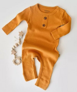 Salopeta cu maneca lunga si pantaloni lungi din bumbac organic si modal - Mustar BabyCosy