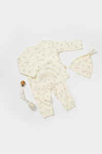 Set 3 piese:bluza, pantaloni si caciulita Printed, BabyCosy, 50% modal+50% bumbac, Ecru