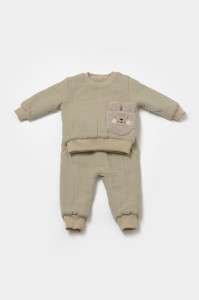 Set bluza dublata si pantaloni Ursulet, Winter muselin, 100% bumbac - Verde, BabyCosy