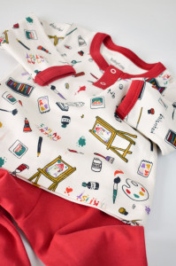 Set bluzita cu maneca lunga si nasturei si panataloni lungi, 100% bumbac organic, BabyCosy, Rosu